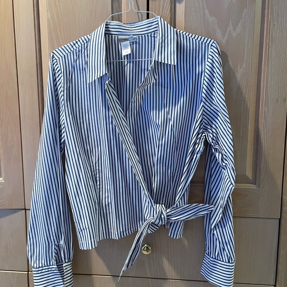 Coldwater Creek Navy and White Striped Wrap-Front Blouse